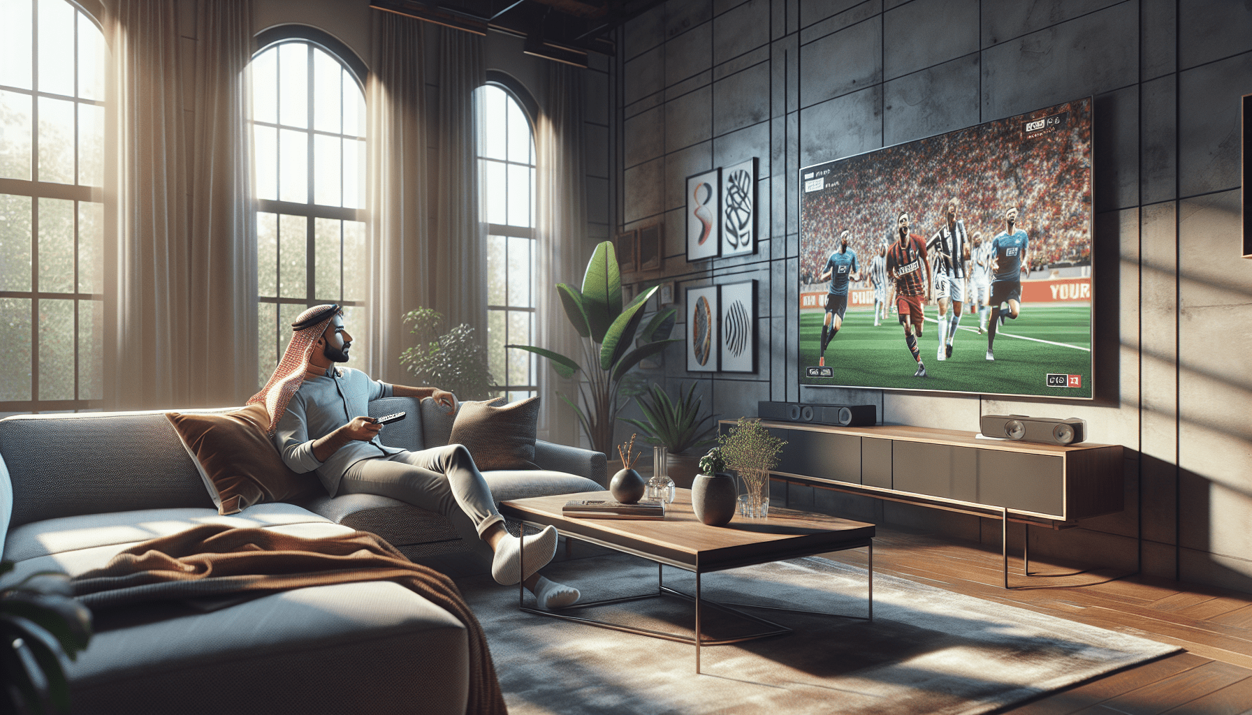 alt_text: Modern living room with person watching live sports on TV, holding remote, using IPTV.