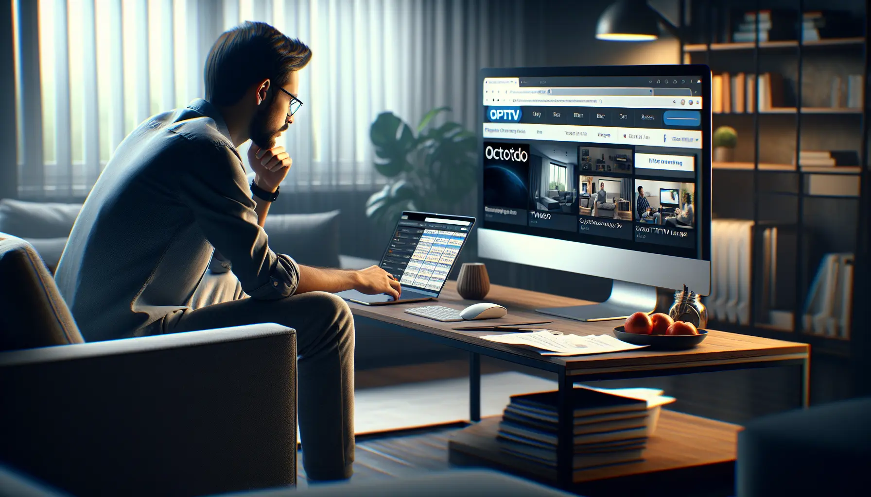 Tech-savvy client searches IPTV platforms on laptop, highlighting Favorit Octott.