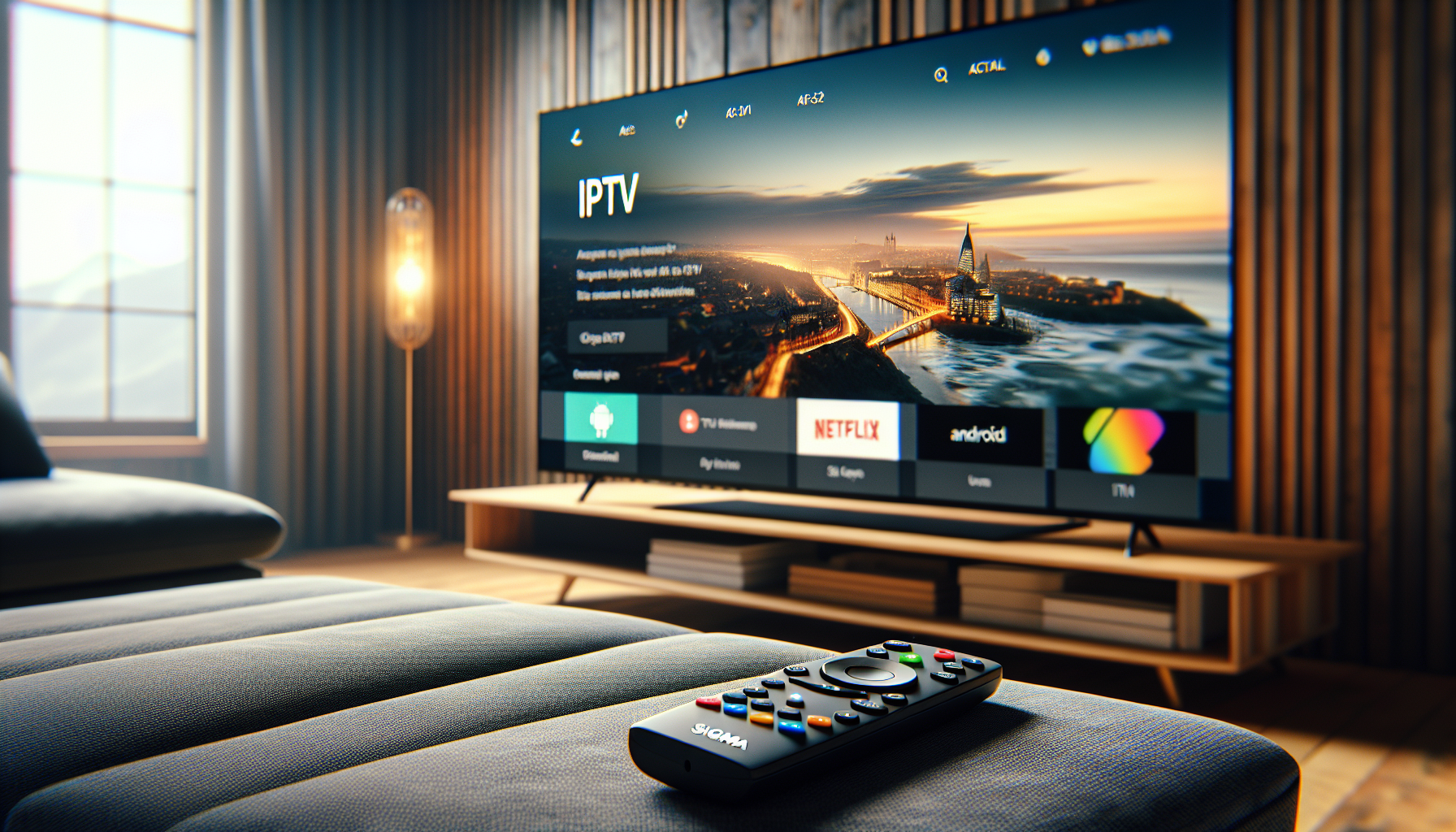 A living room with a large TV showing IPTV interface and an Android remote, ready for streaming.