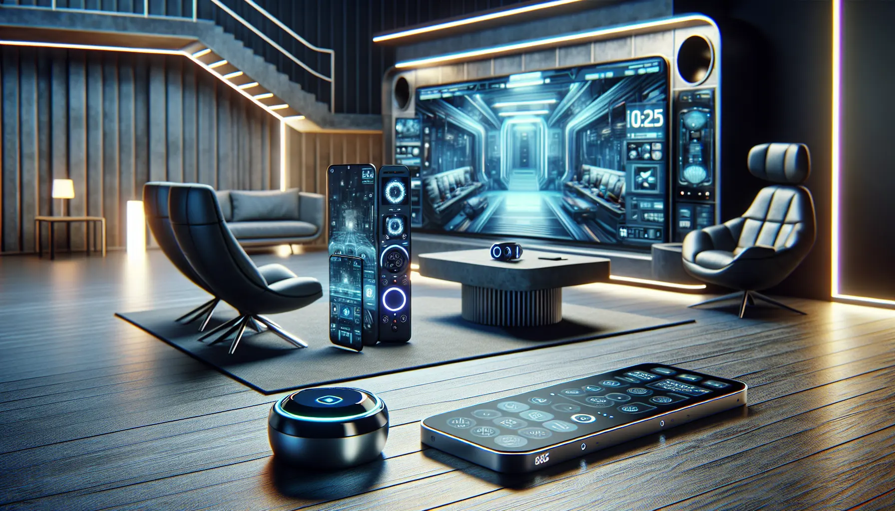 Modern living room with a TV, remote, phone, and laptop for IPTV Smarters setup (2025).