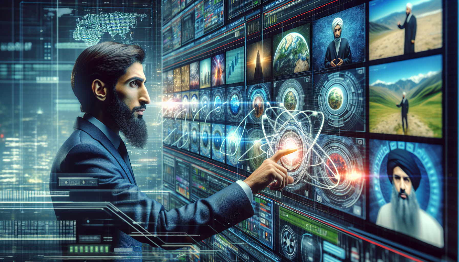 alt_text: Curious professional explores IPTV technology with multiple screens and digital data visuals.