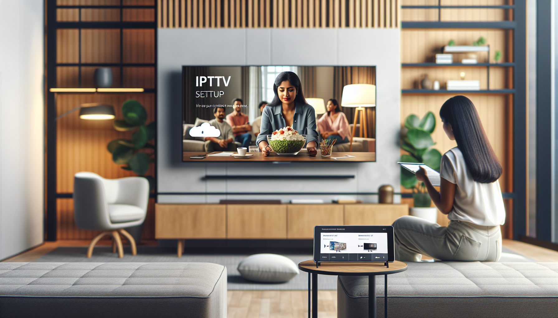 alt_text: Person watches IPTV setup on smart TV, with instructions on nearby device in modern living room.