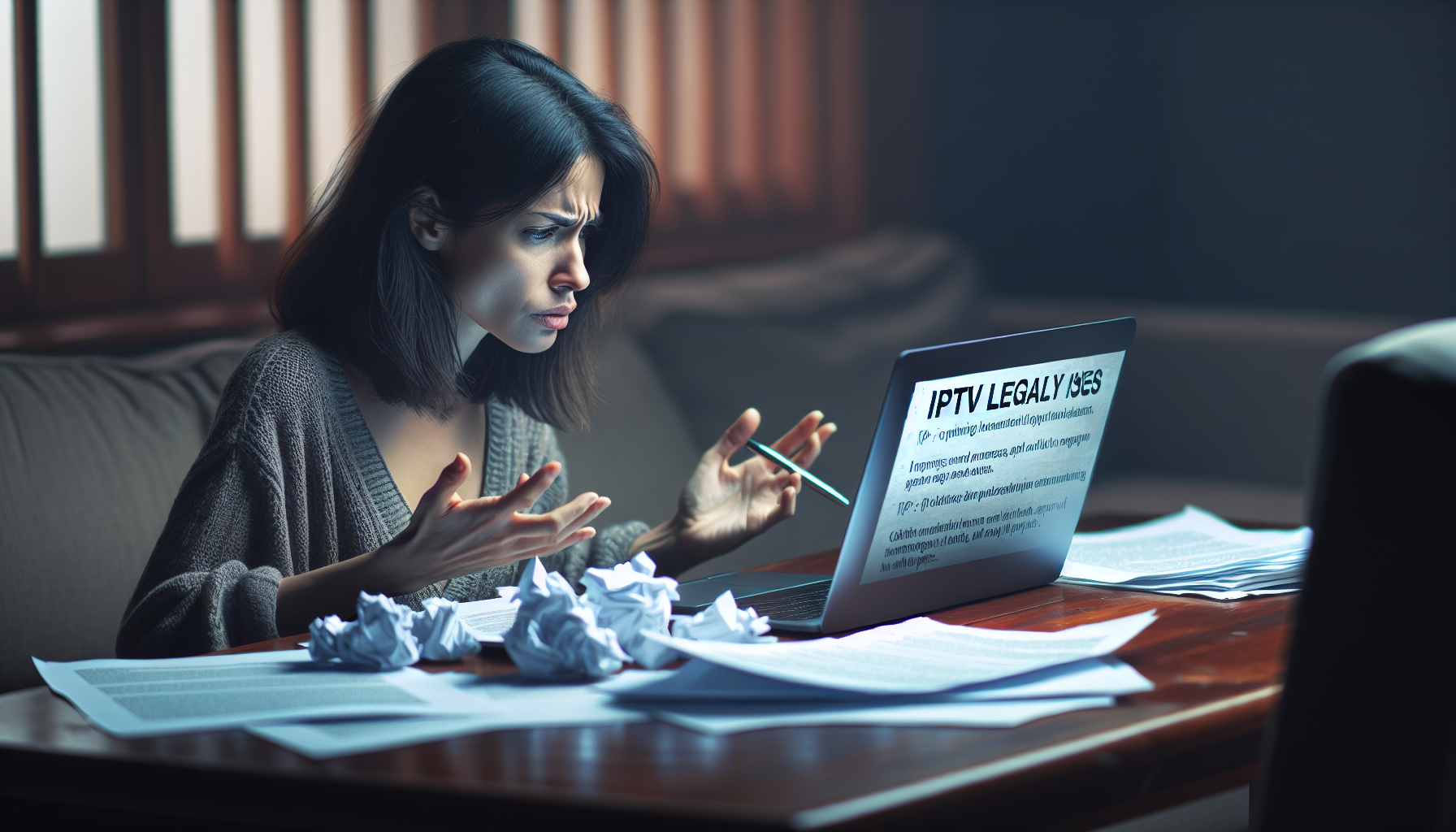 alt_text: Person at home desk reviewing IPTV legality and copyright issues on laptop.