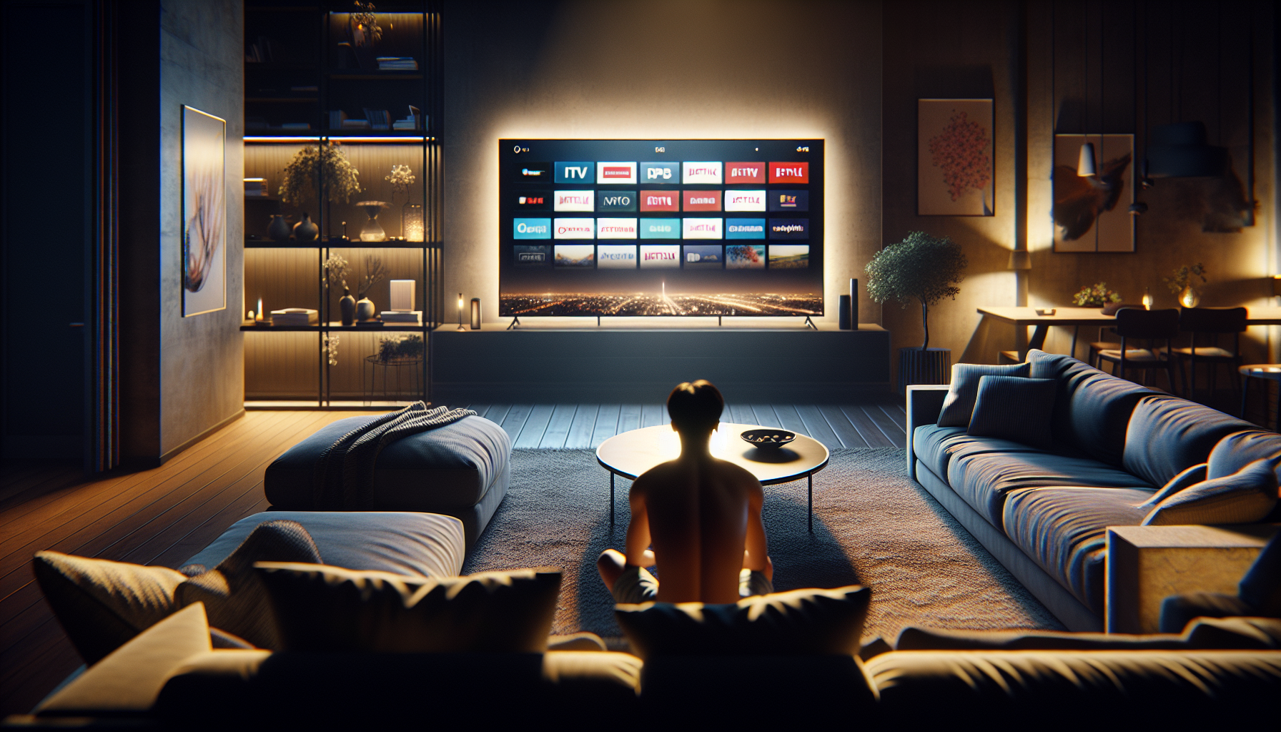 alt_text: Someone searches for IPTV brands on a smart TV in a cozy, modern living room.