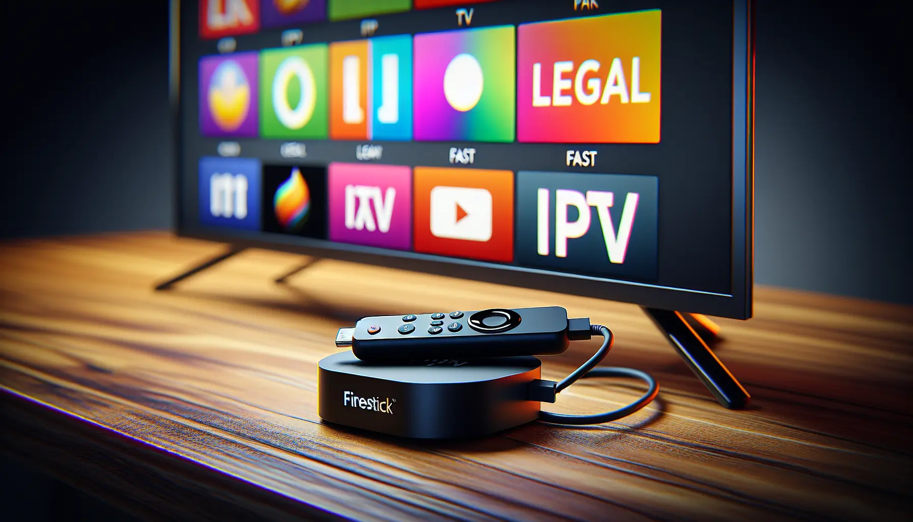 Firestick plugged into a sleek 4K TV showing streaming icons; highlights legal, fast IPTV options.