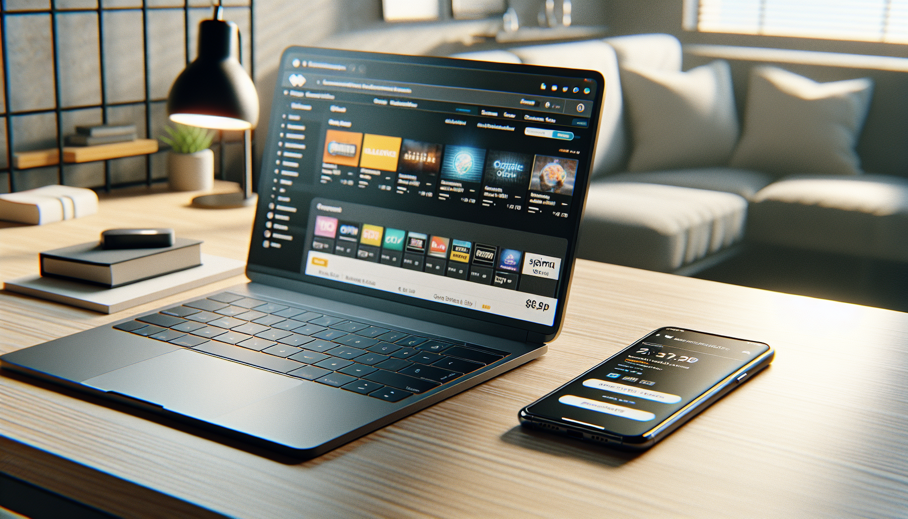 alt_text: Modern workspace with laptop and phone showing IPTV purchase options, ready to buy.