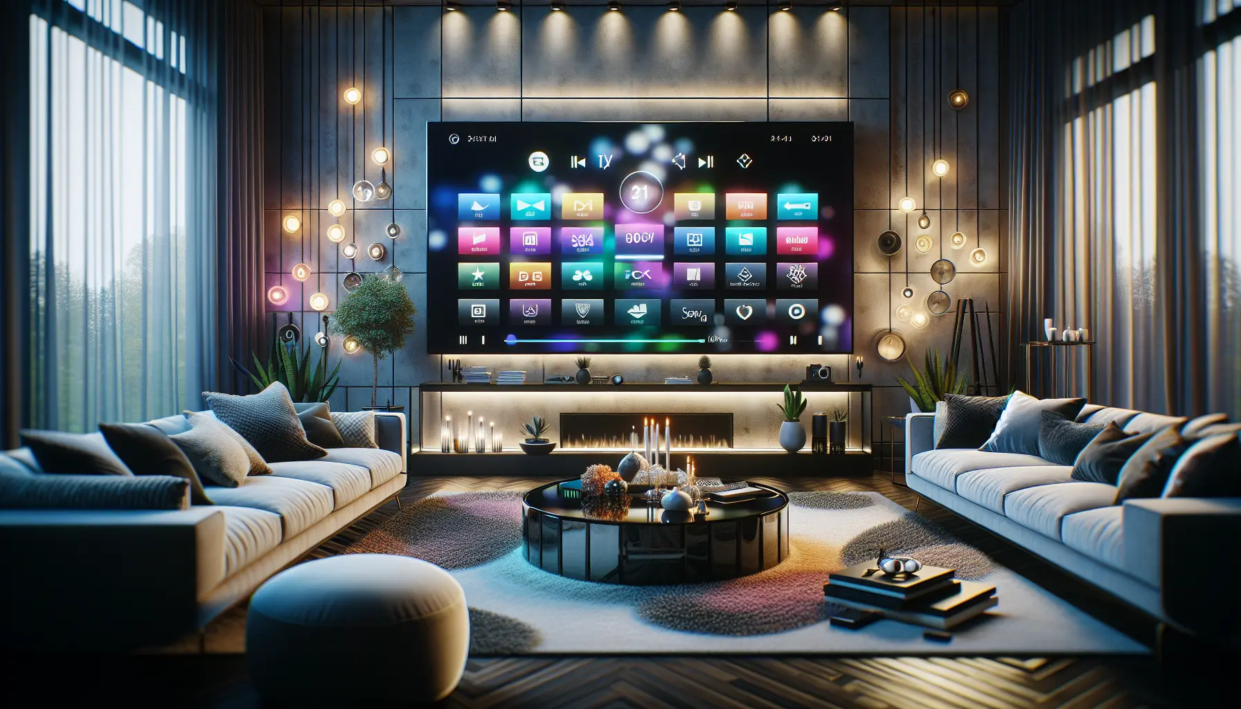 alt_text: Modern living room with smart TV showcasing top IPTV apps and devices, promoting digital entertainment.