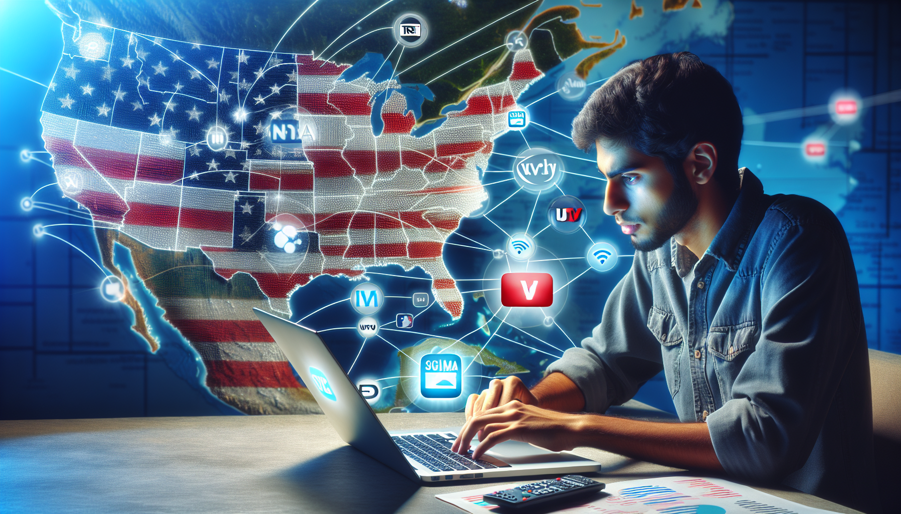 Person browsing IPTV options on a laptop with USA map, network icons, and TV channels.