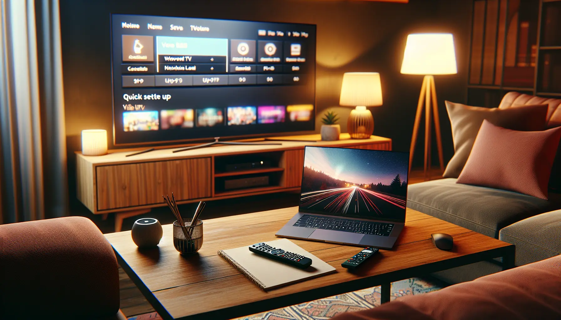 Cozy living room with smart TV, remote, laptop, and setup note for STBEmu Pro IPTV tutorial.