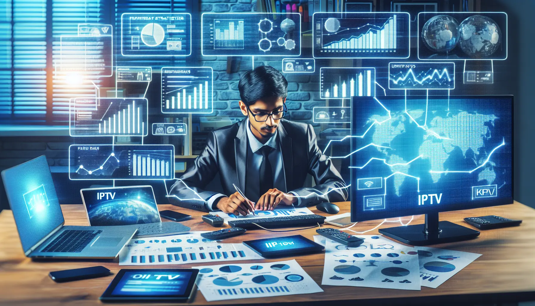 alt_text: Entrepreneur at desk with screens, devices, and charts, ready to start IPTV reselling.