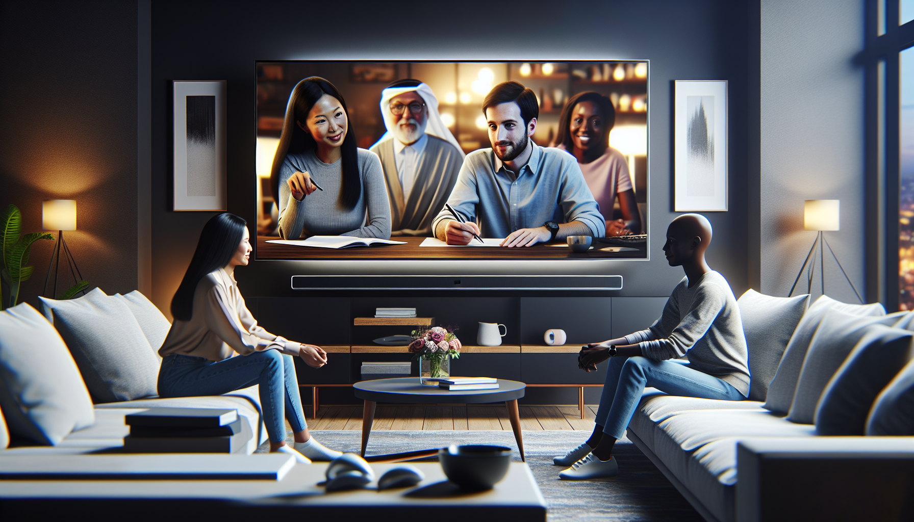 Diverse people giving real-time feedback on a sleek smart TV in a cozy, modern living room.
