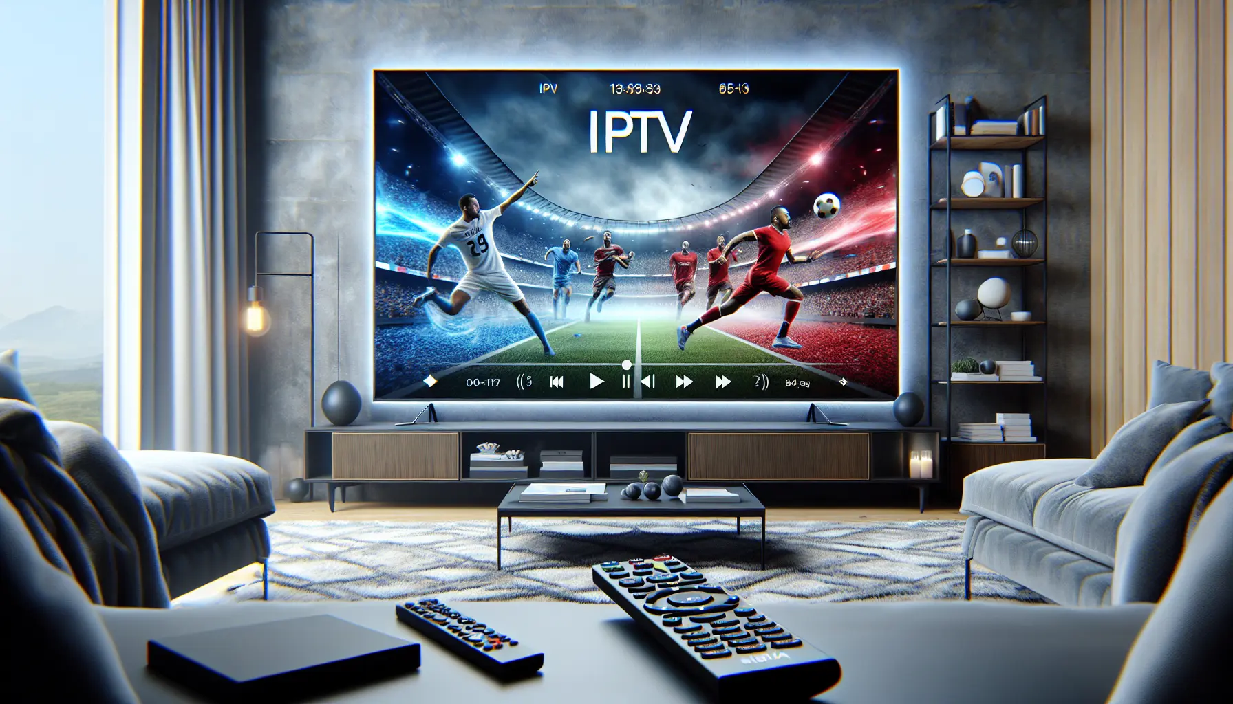 Alt text: Modern living room with TV split-screen of sports and movies; IPTV icons, remote.