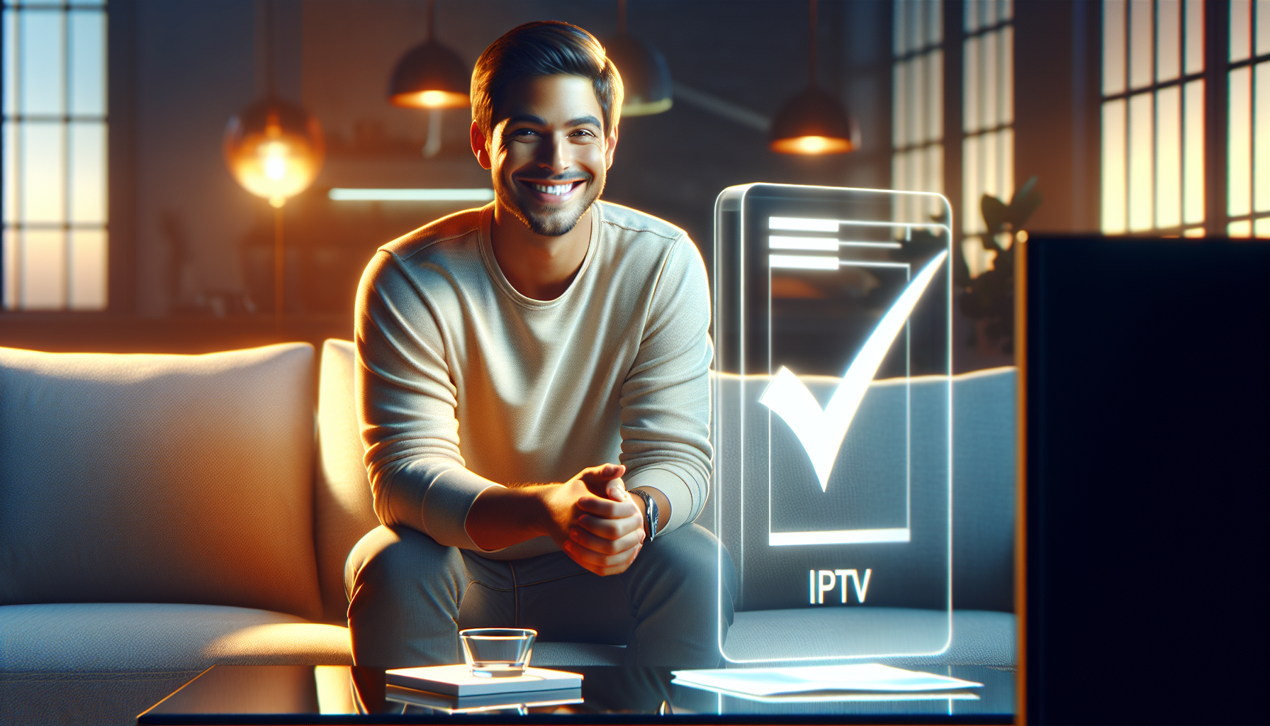 alt_text: Modern living room with a smiling person, TV with IPTV, and a checklist, showing trust.