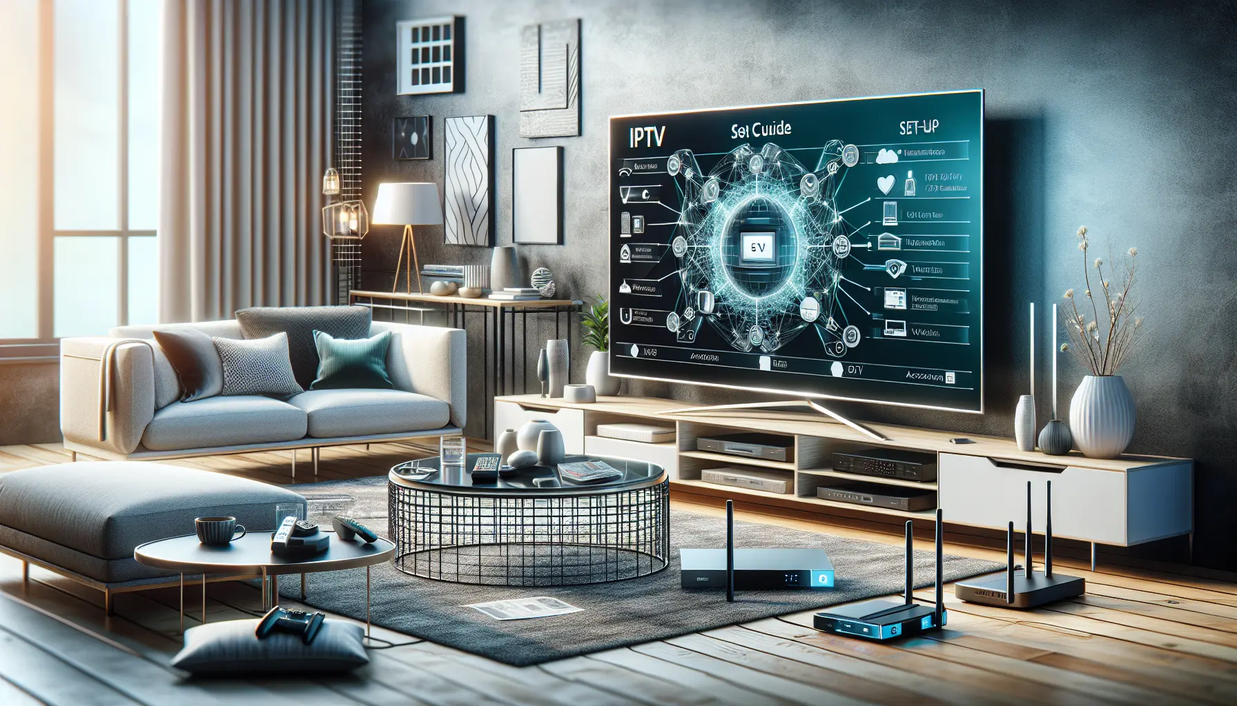 Modern living room with TV, remote, smartphone, and router for IPTV setup guide.