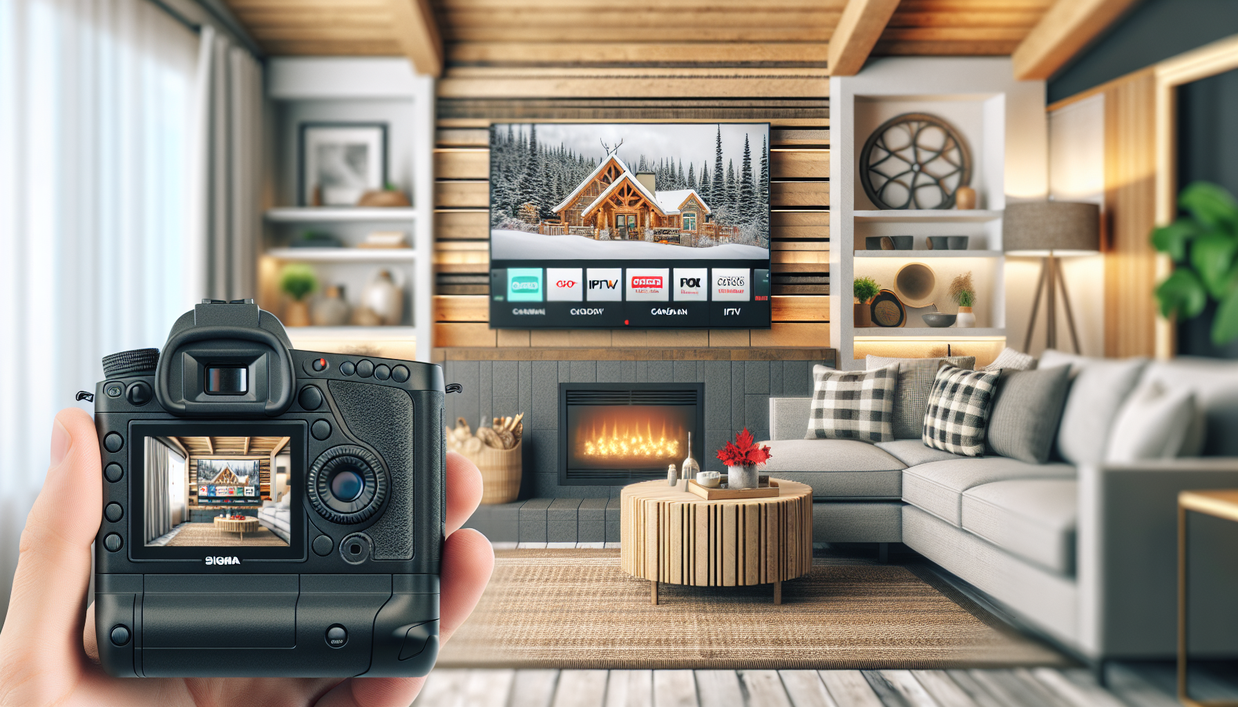 Modern Canadian living room with IPTV options, Canadian channels, and cozy country touches.