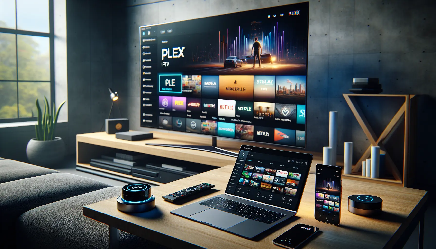 Alt_text: Modern tech setup showcasing Plex IPTV integration on TV, laptop, phone, and tablet.