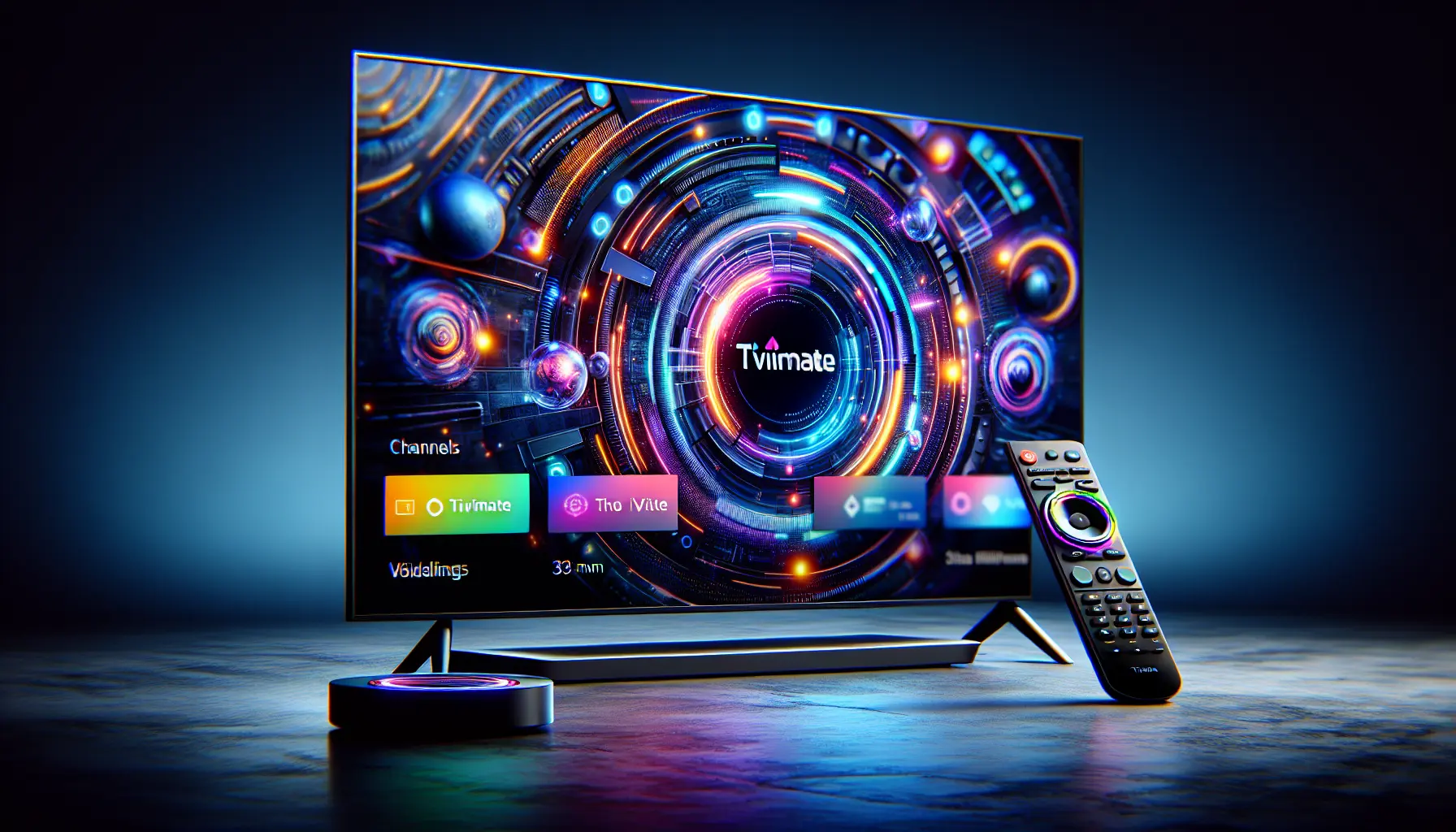 Modern smart TV with TiviMate app, vibrant channels, sleek remote, futuristic design elements.