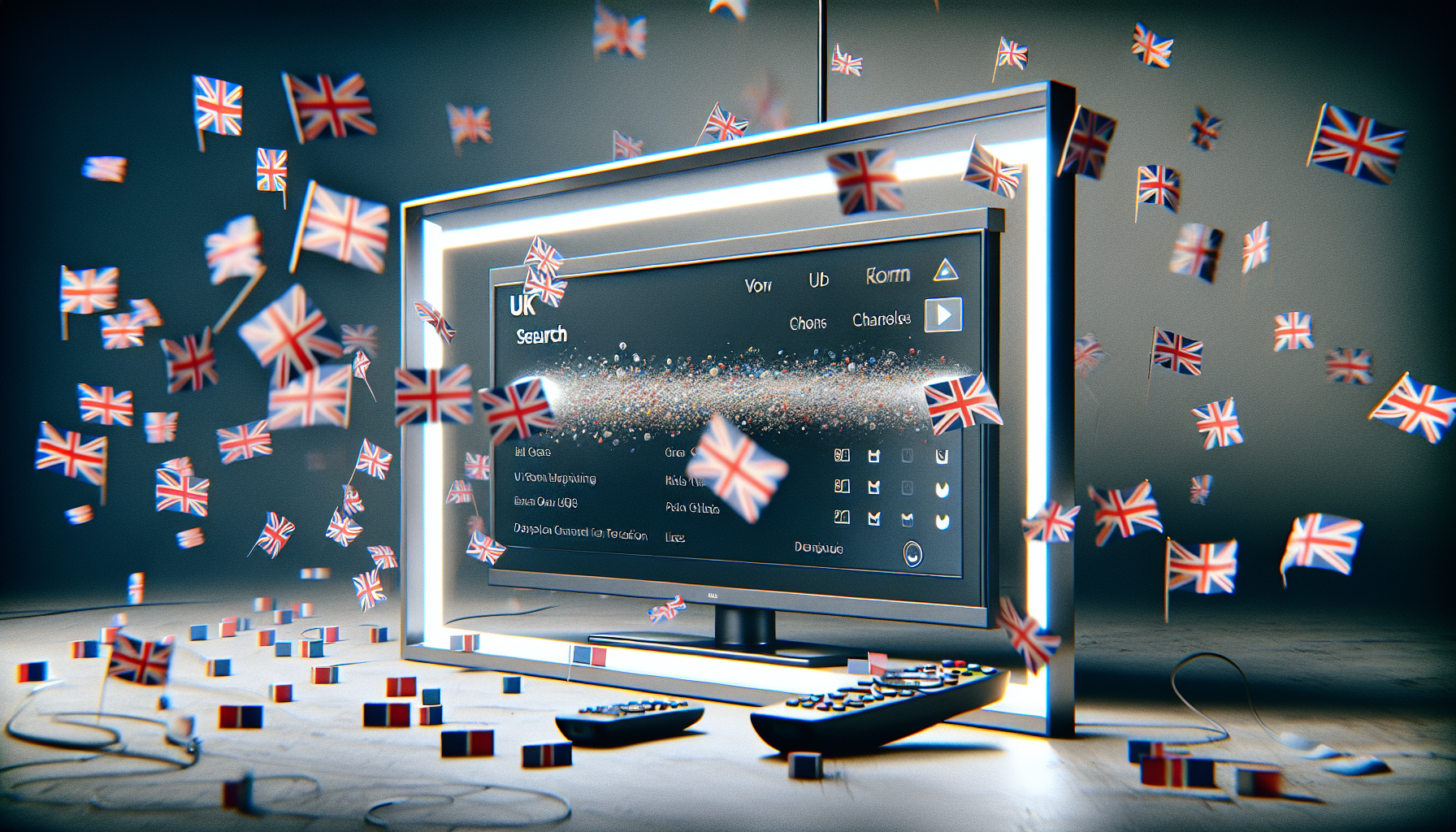 Magazine cover illustrating UK IPTV search with a smart TV, UK flags, and popular channels.