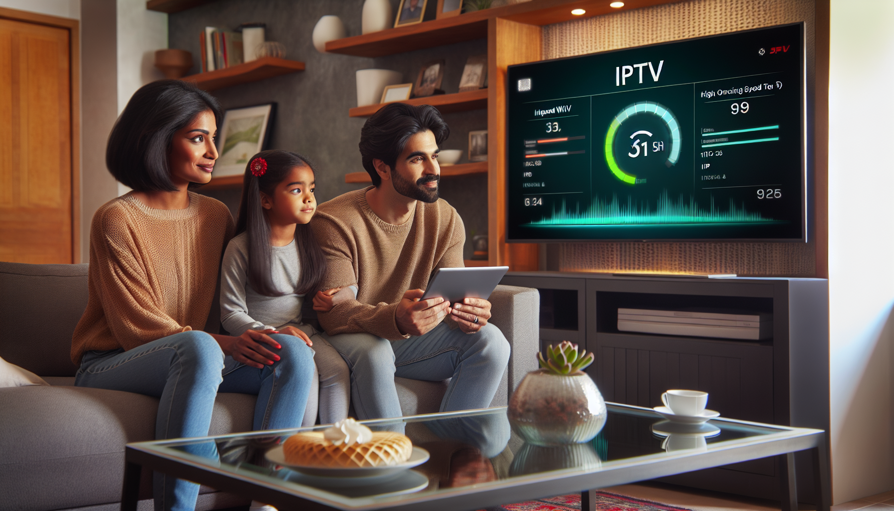 alt_text: Family watching IPTV with high-speed WiFi and speed test on tablet in modern living room.