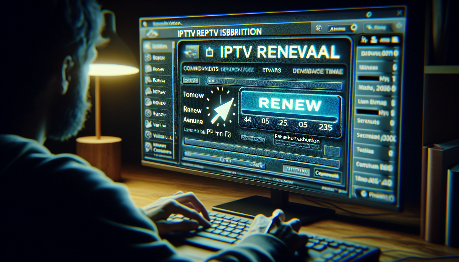 User reviews IPTV renewal dashboard on screen with renewal button and countdown clock.