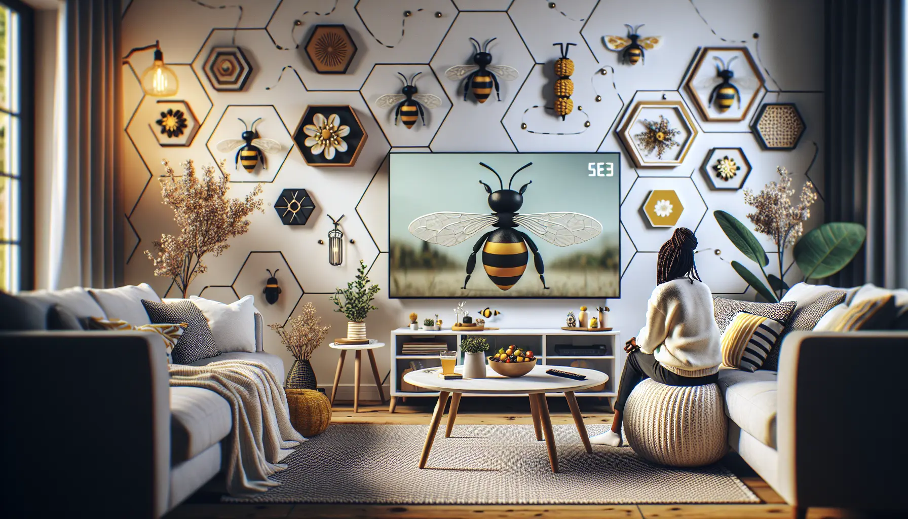 alt_text: Modern living room with smart TV, viewer, honeybee accents, and a cozy, inviting vibe.