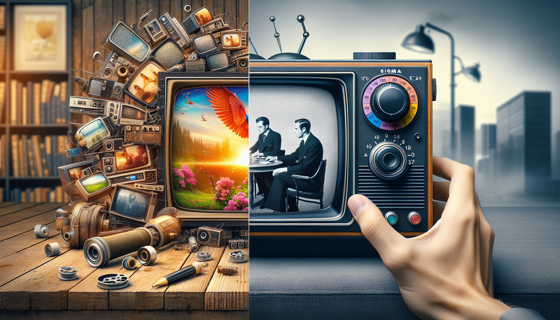 Split image showing modern IPTV on the left, traditional cable TV on the right, highlighting tech contrast.