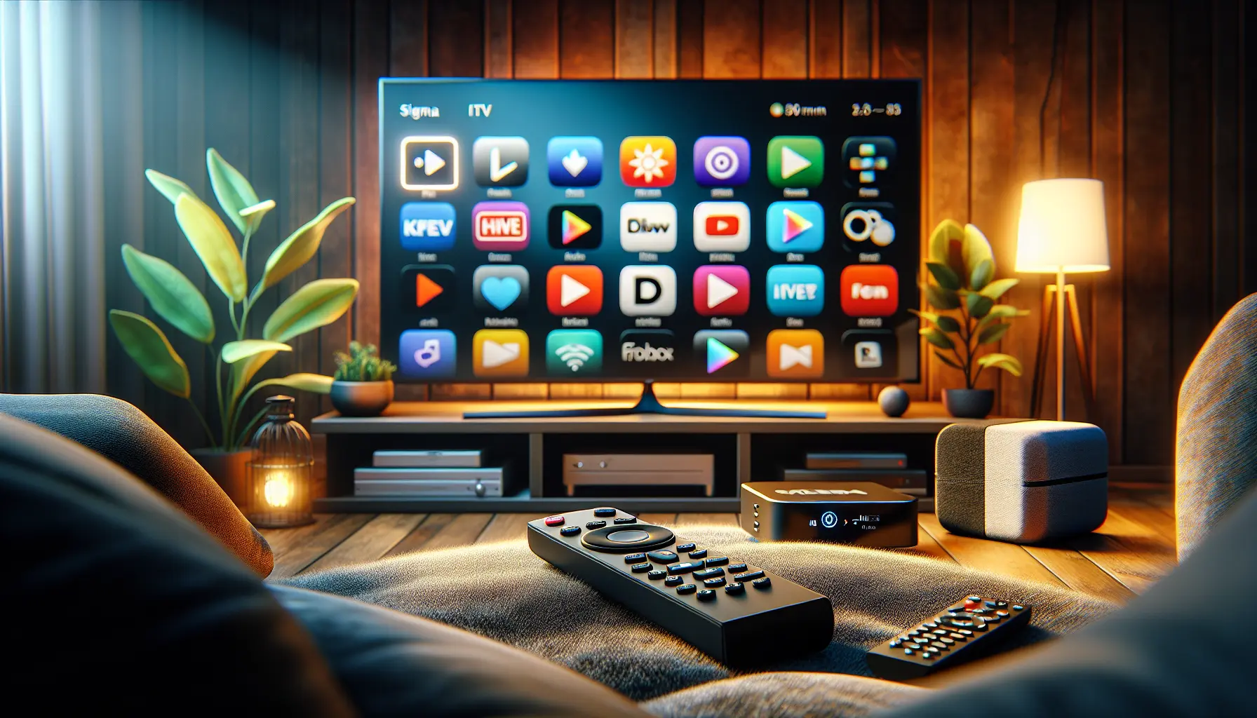 Alt_text: Cozy TV setup with streaming apps icons, remote, and set-top boxes for free IPTV entertainment.