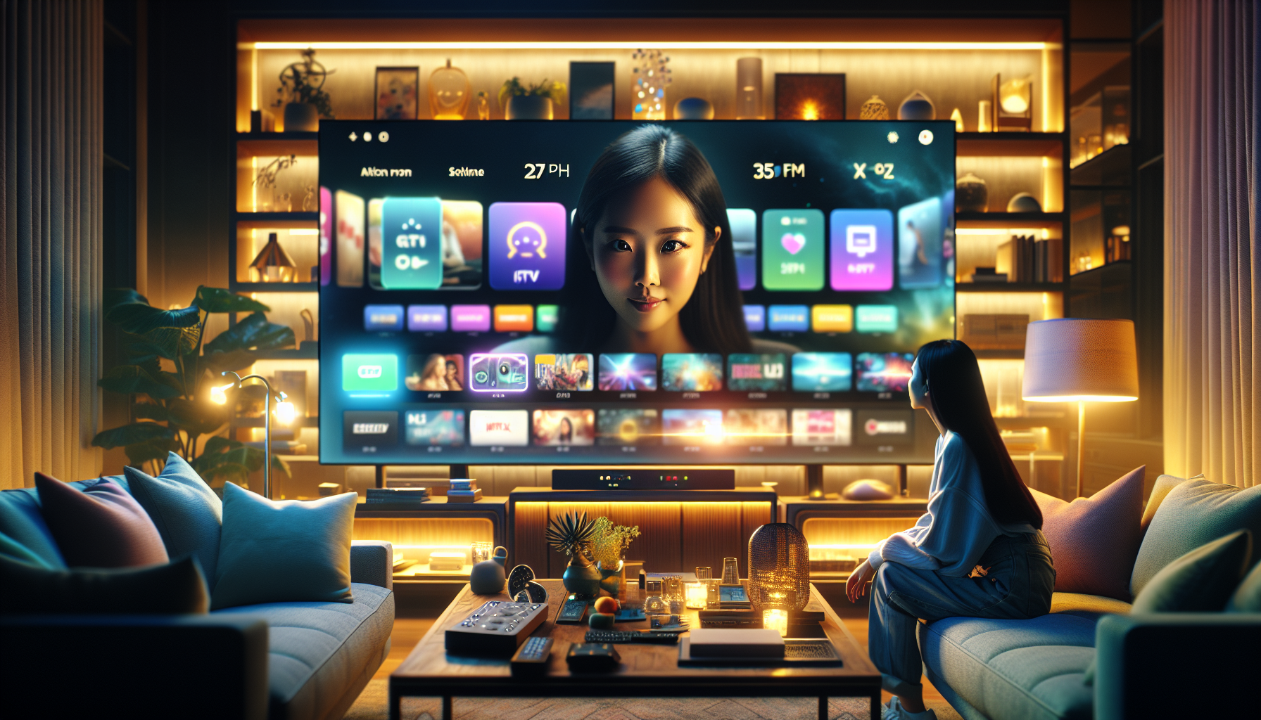 A person searches for IPTV apps on a smart TV in a cozy, tech-savvy living room.