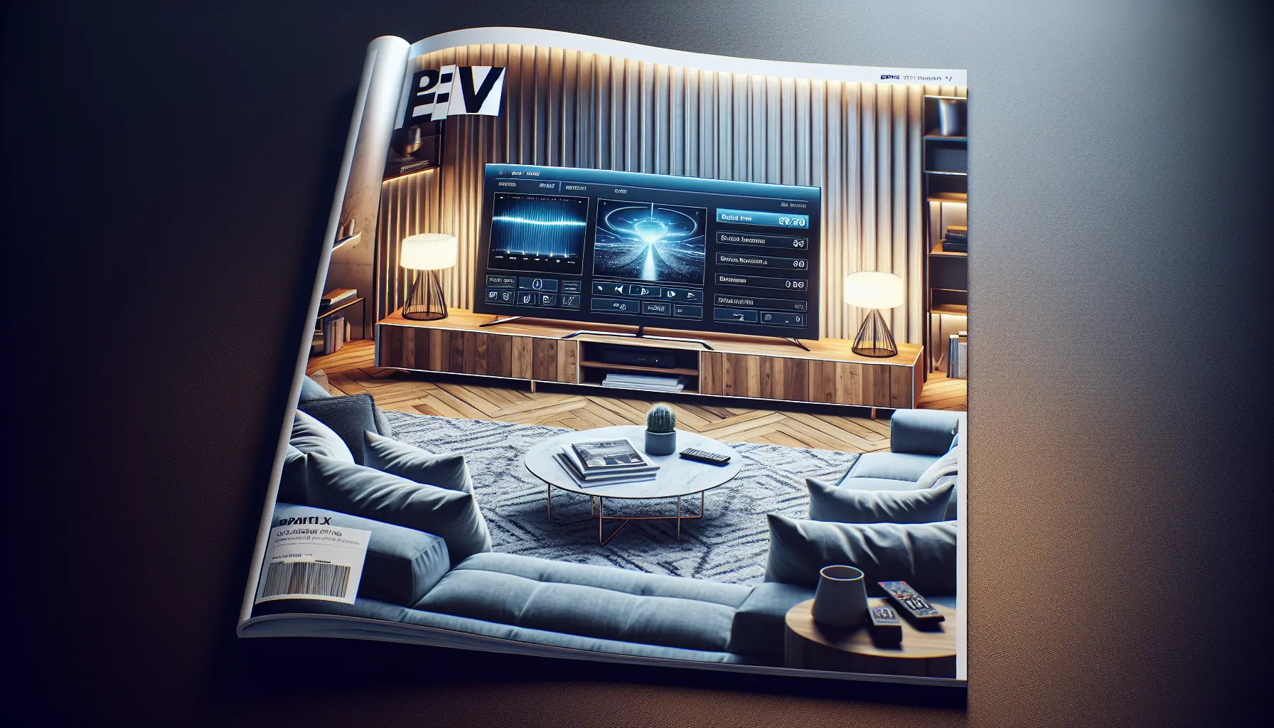 alt_text: Modern magazine cover showcasing Epix IPTV on a sleek living room smart TV in a stylish setting.