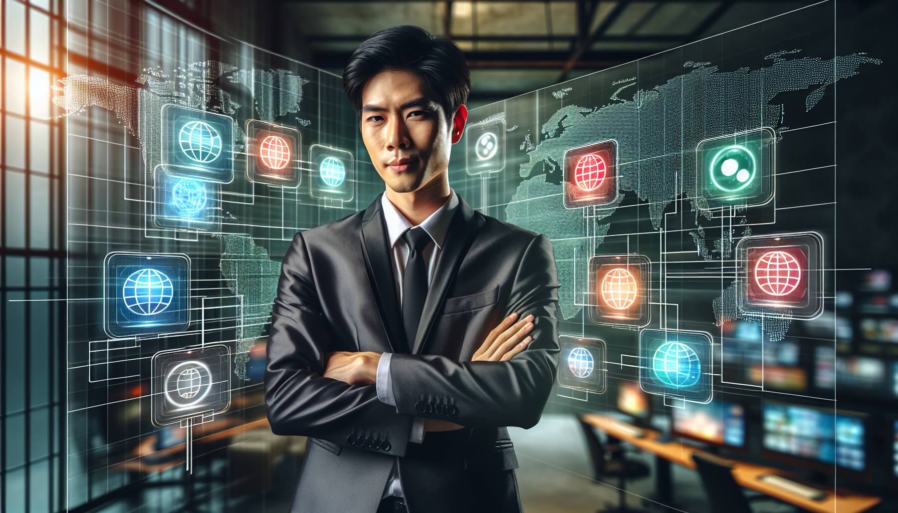 A confident entrepreneur surrounded by screens, with global streaming icons, promoting IPTV reselling.