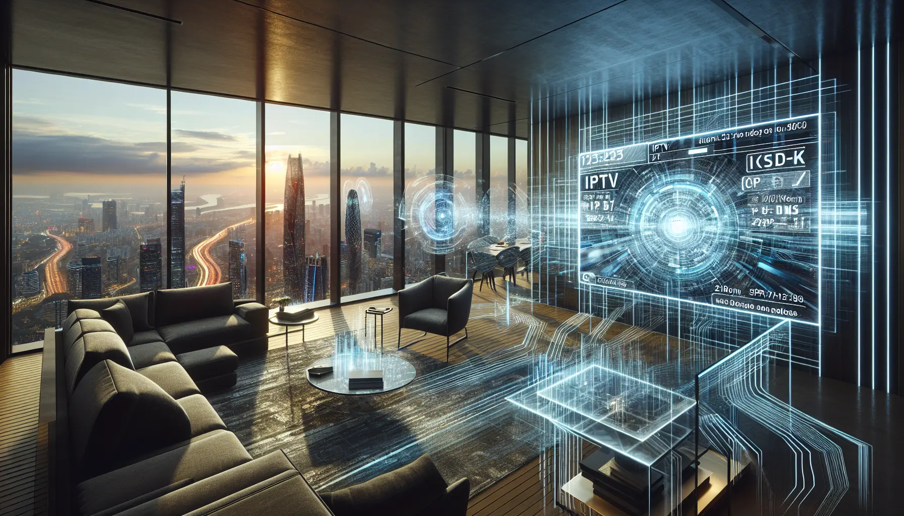 Futuristic living room with IPTV codes on a smart TV, holographic data streams, and city views.