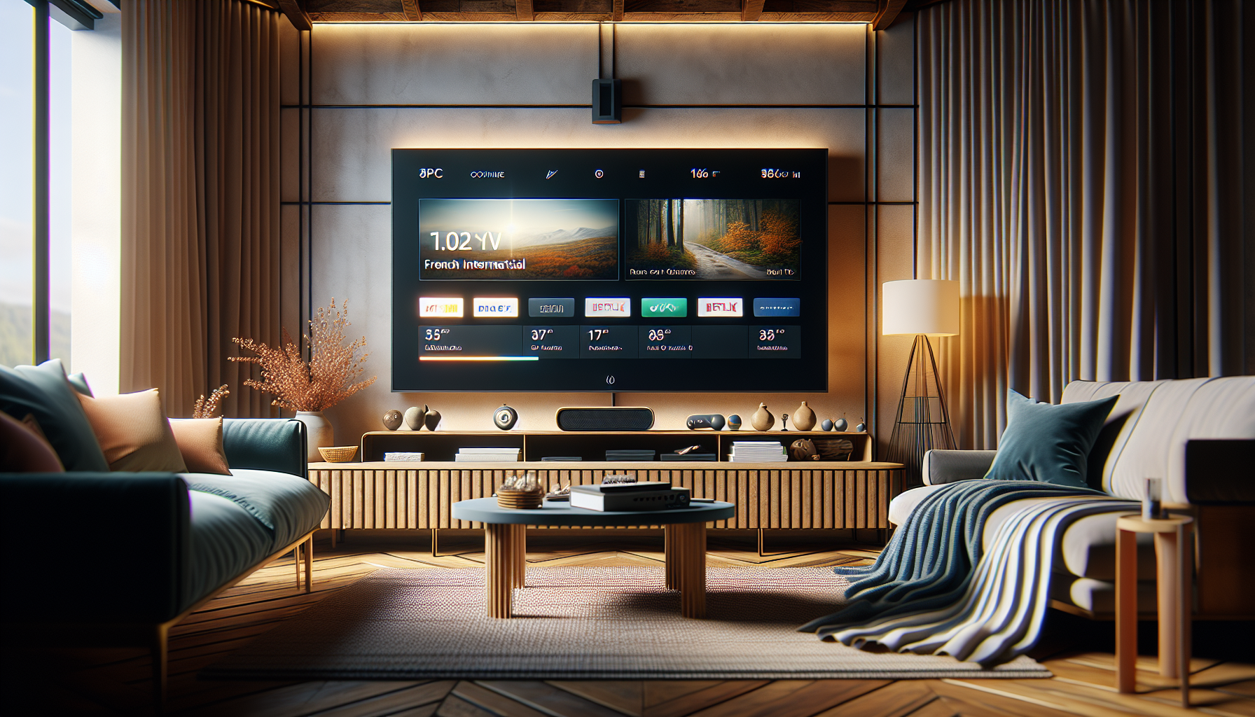 Living room with smart TV showing French and international channels, inviting IPTV service.