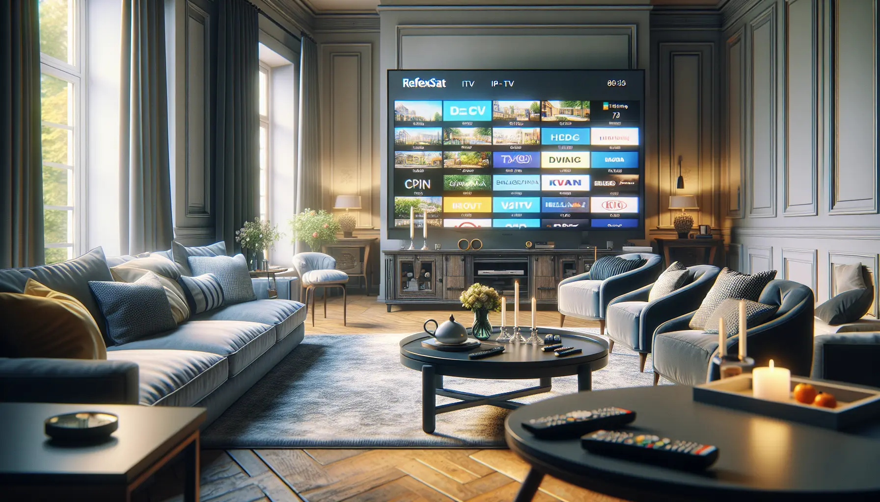 Modern European living room with TV showing ReflexSat IPTV channels, cozy seating, and remote controls.