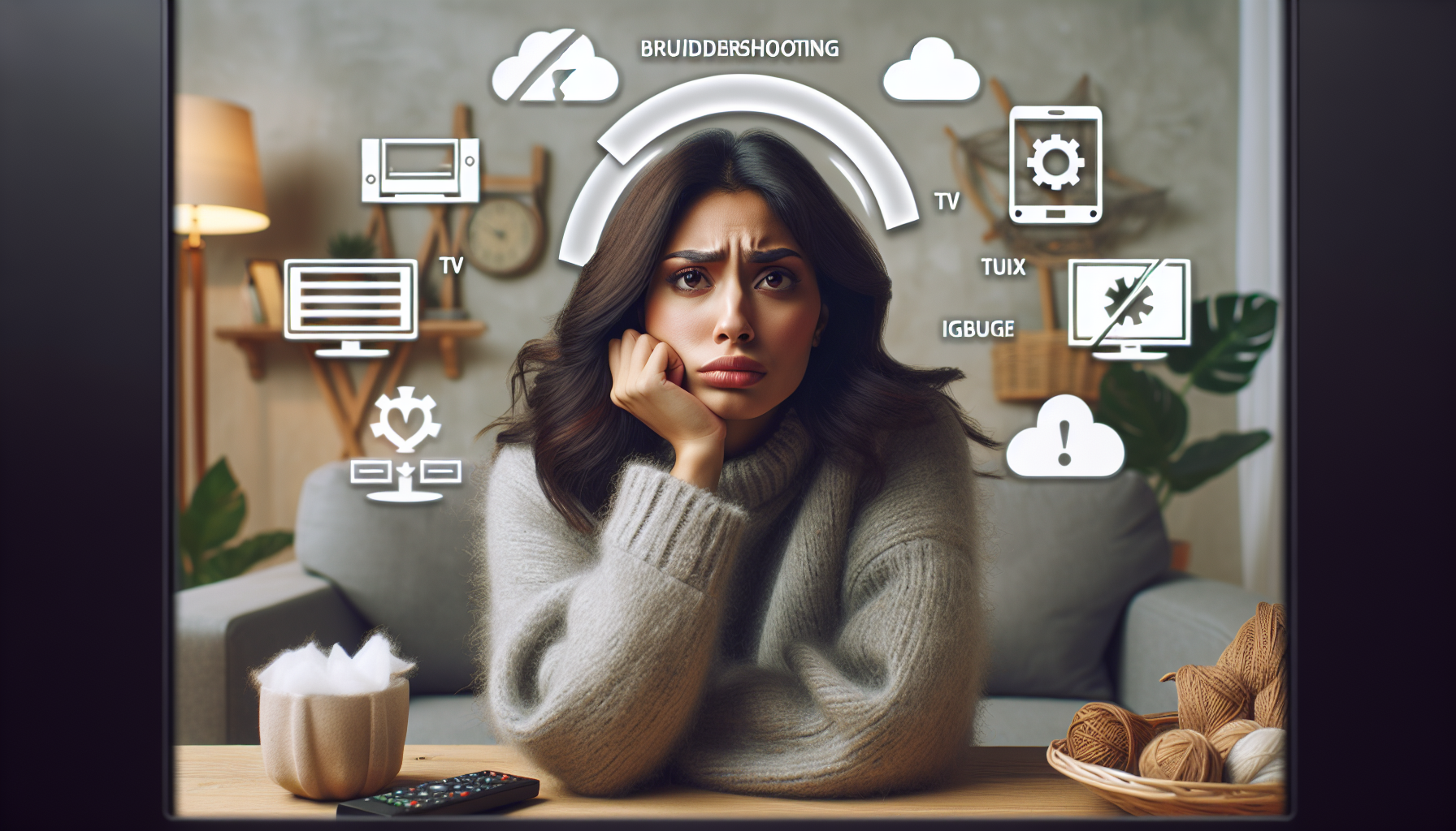 Frustrated person facing buffering issues with TV, surrounded by troubleshooting tips in cozy setting.
