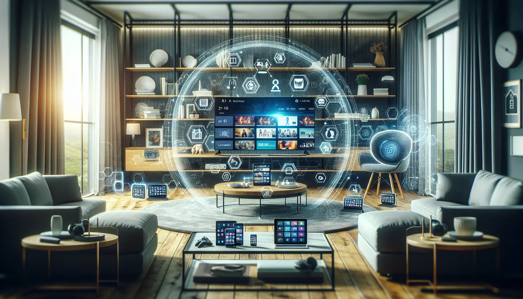 alt_text: Modern living room with a smart TV showcasing IPTV trends, multi-device streaming, and AI features.