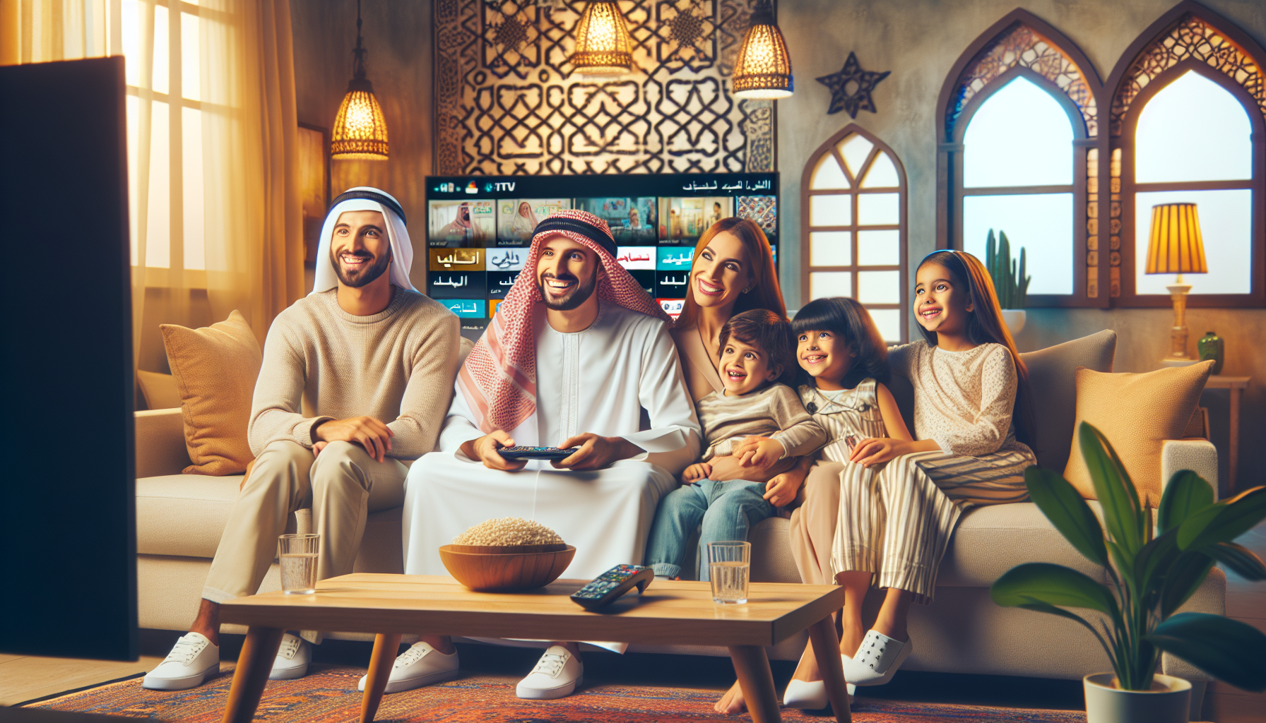 alt_text: A happy Middle Eastern family enjoying IPTV with Arabic channels in a cozy living room.