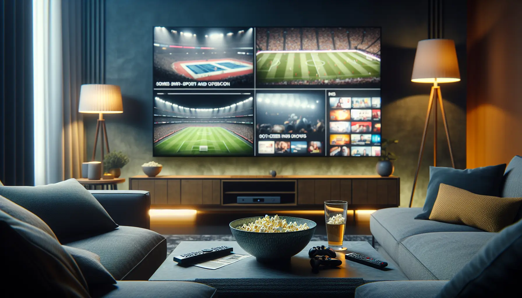 Modern living room with TV showcasing sports, news, movies; comfy sofa, remote, popcorn.