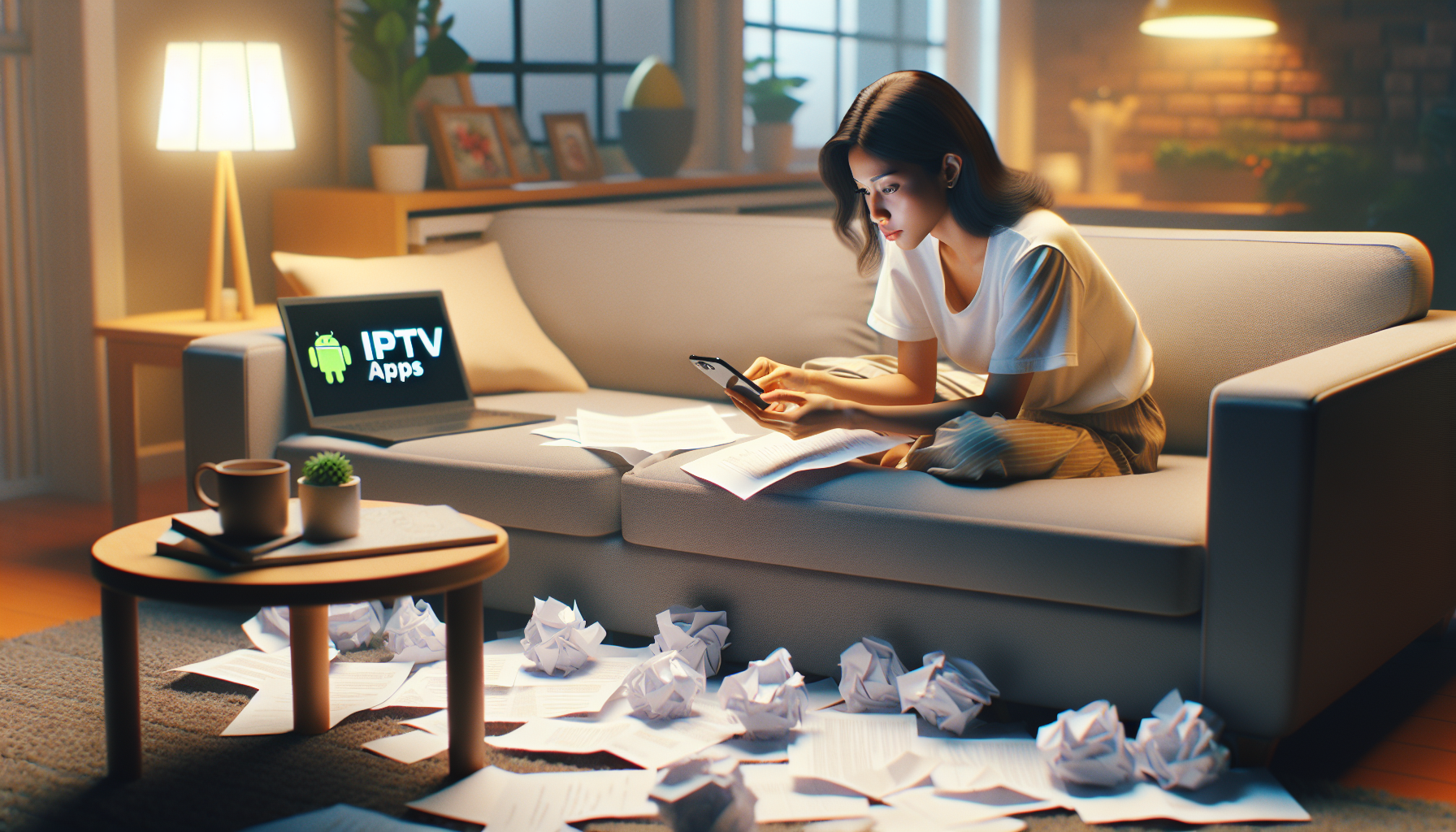 Person searching for Android IPTV apps on phone, laptop, and notes in cozy living room.
