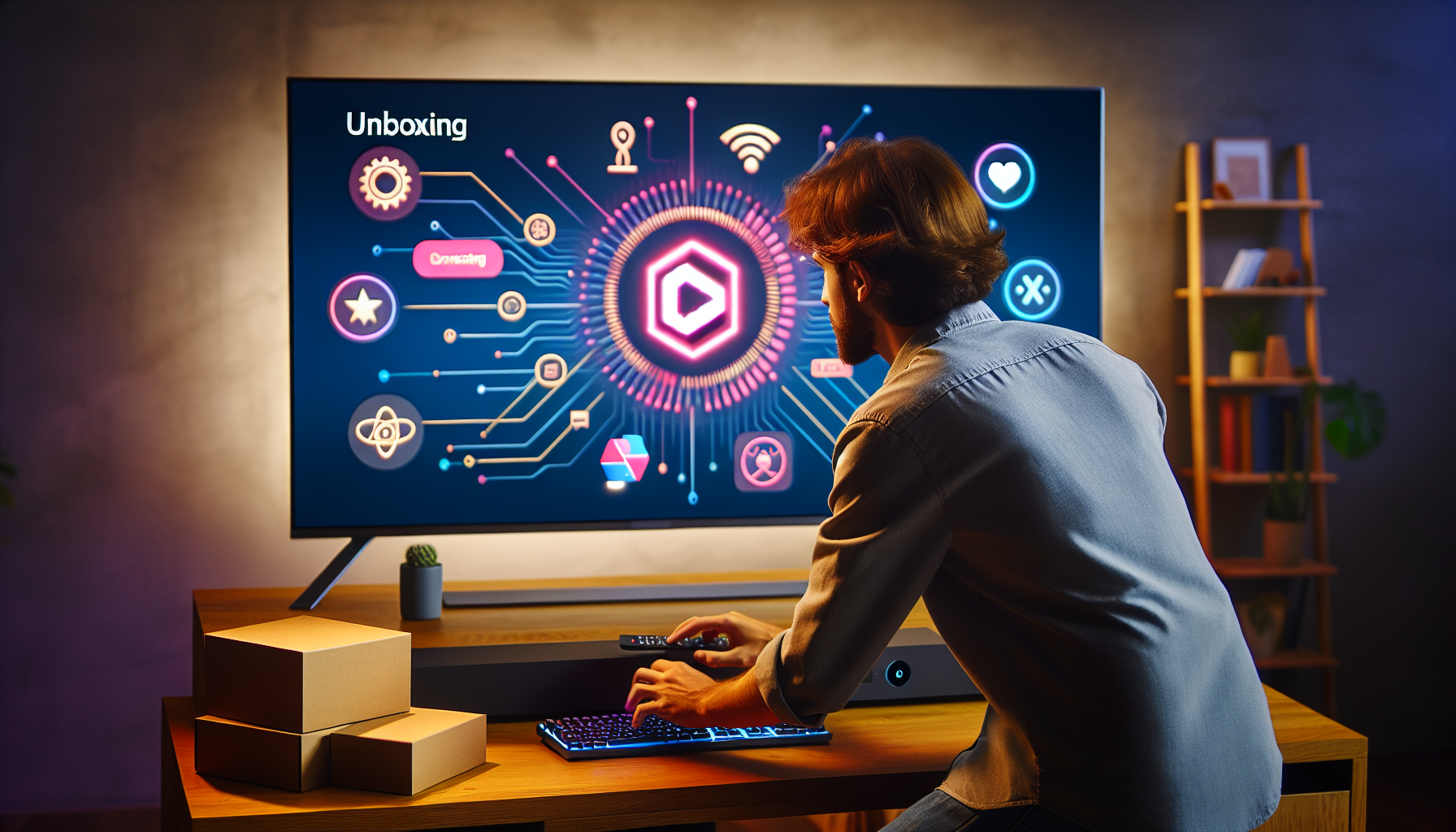 Person learning TV setup at modern desk with screen, logo, and helpful icons.