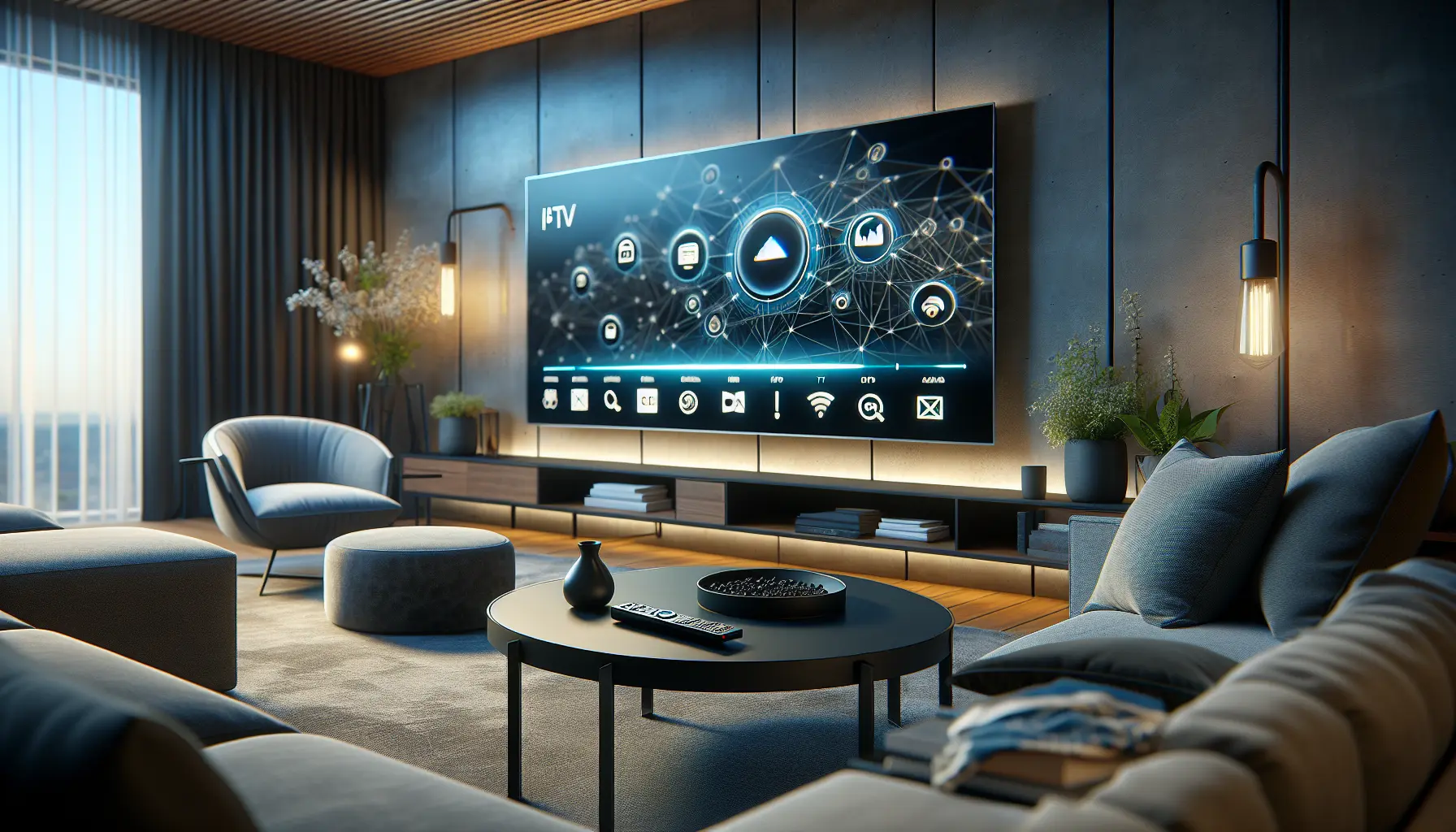 A modern living room with a smart TV showing streaming icons, remote, and sleek decor.