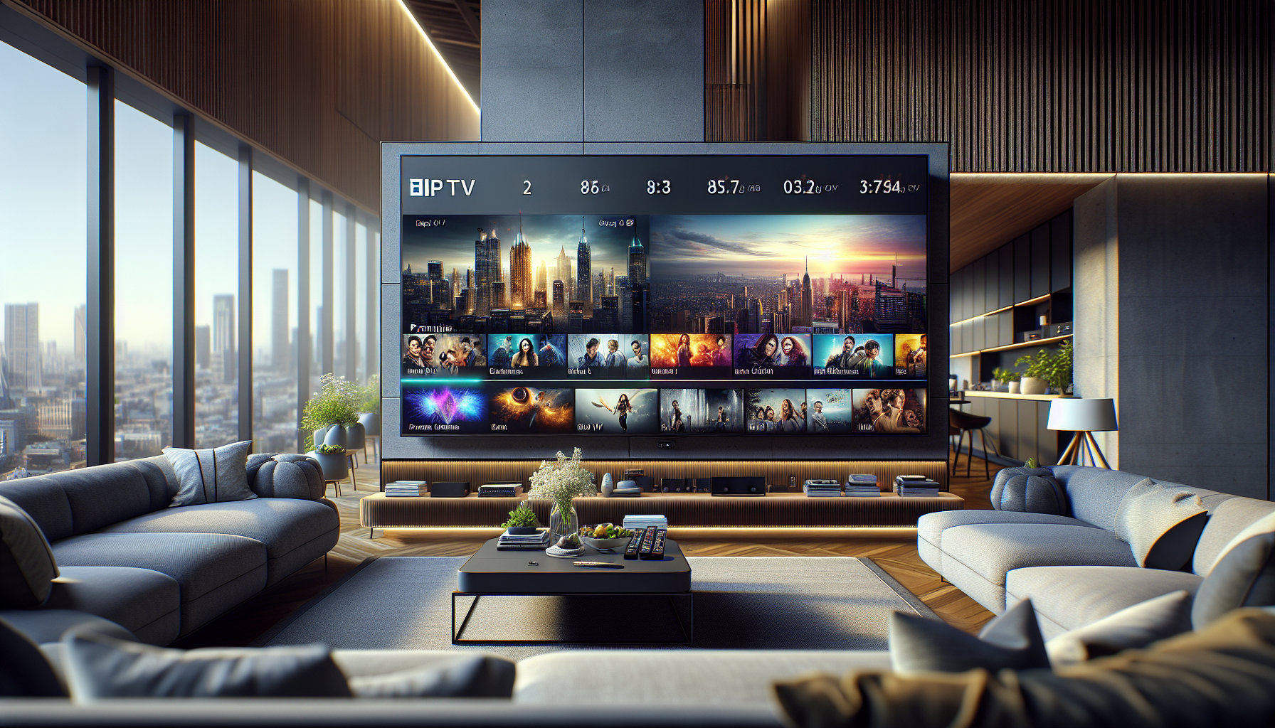 alt_text: Modern living room with split-screen TV showing IPTV interface vs. premium channels.