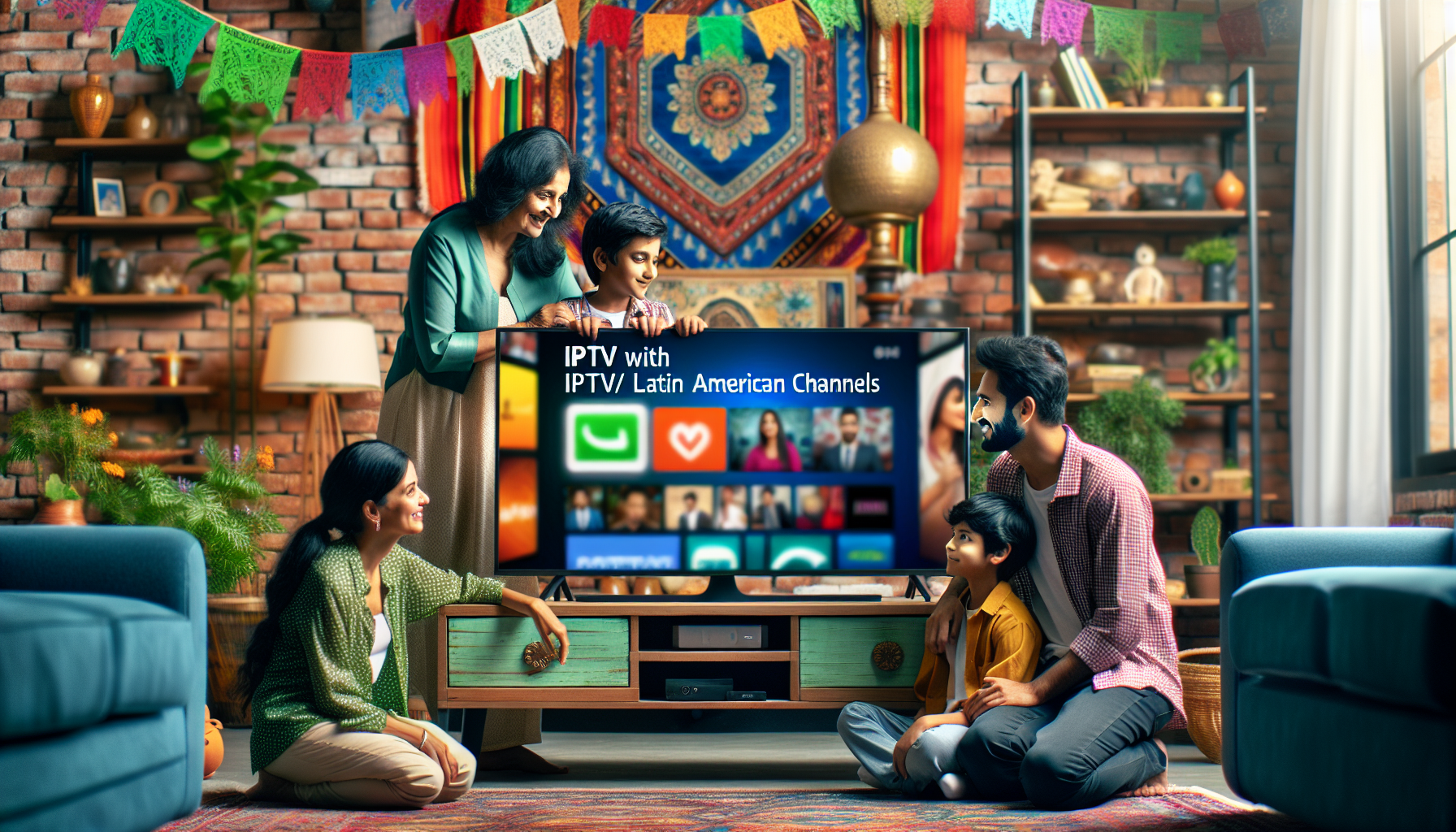 Family searches for IPTV with Latin American channels on a smart TV in a vibrant living room.