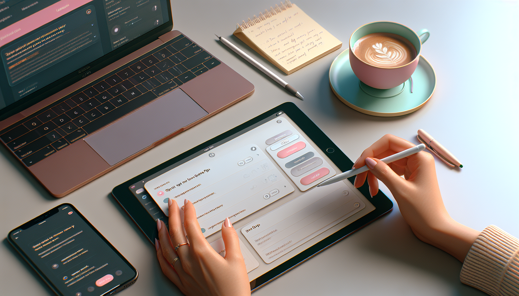 alt_text: Hands hold tablet showing IPTV Smarters Pro setup, with laptop, coffee, and notes nearby.