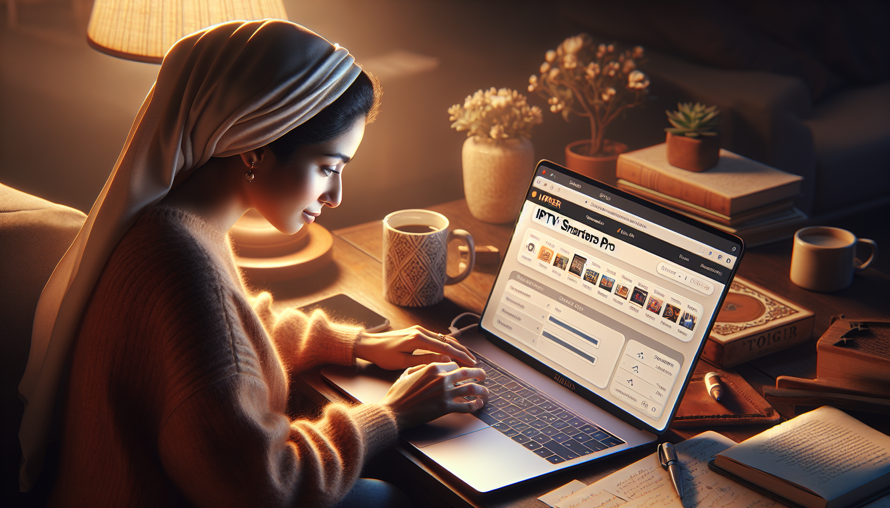 Person setting up IPTV Smarters Pro on their laptop in a cozy home workspace.