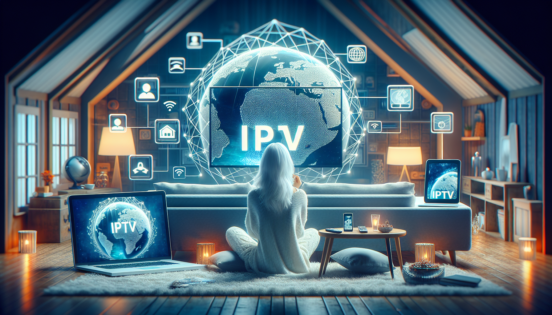 A person at home enjoying IPTV on TV with secured devices connected via VPN for privacy.