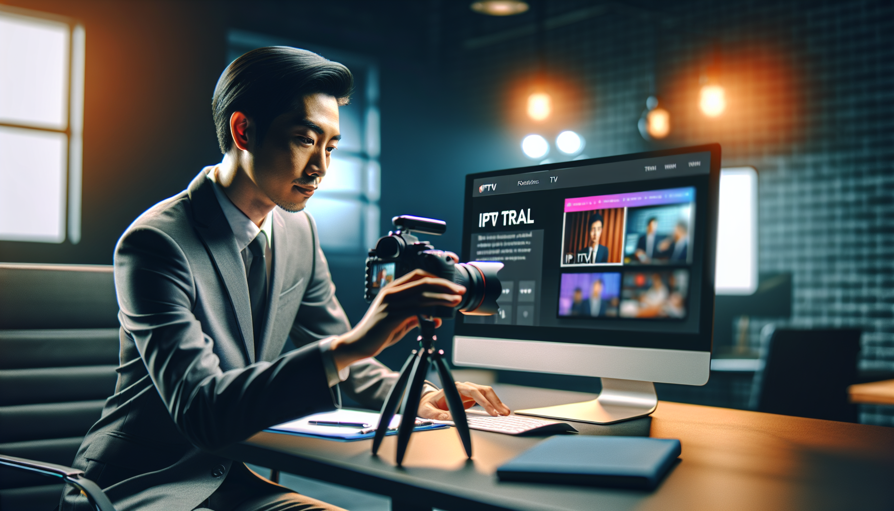 Person checks IPTV trial on sleek desk, vibrant website, inviting and professional scene.