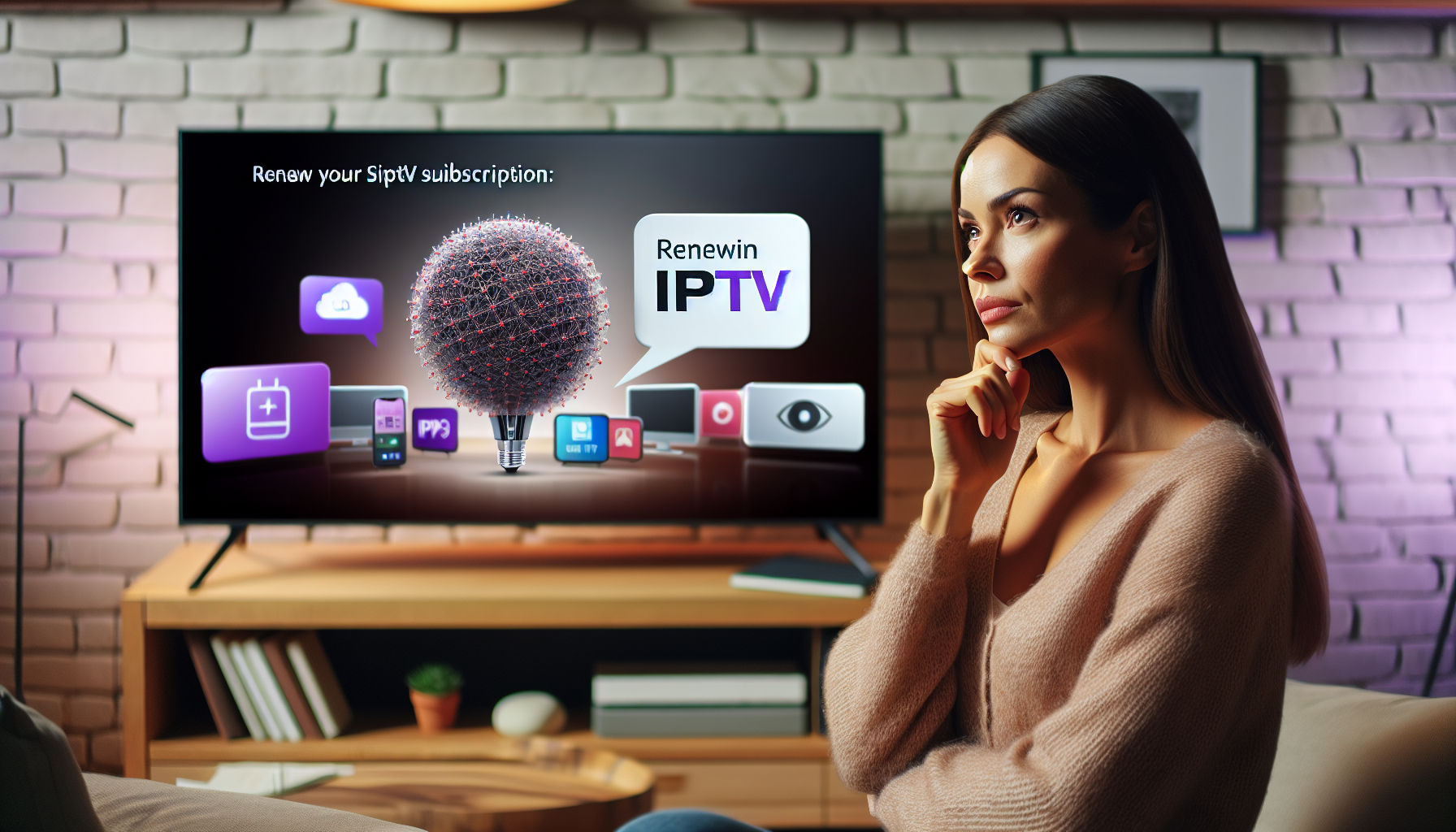 A person considers renewing IPTV on their TV and devices in a modern, inviting living room.