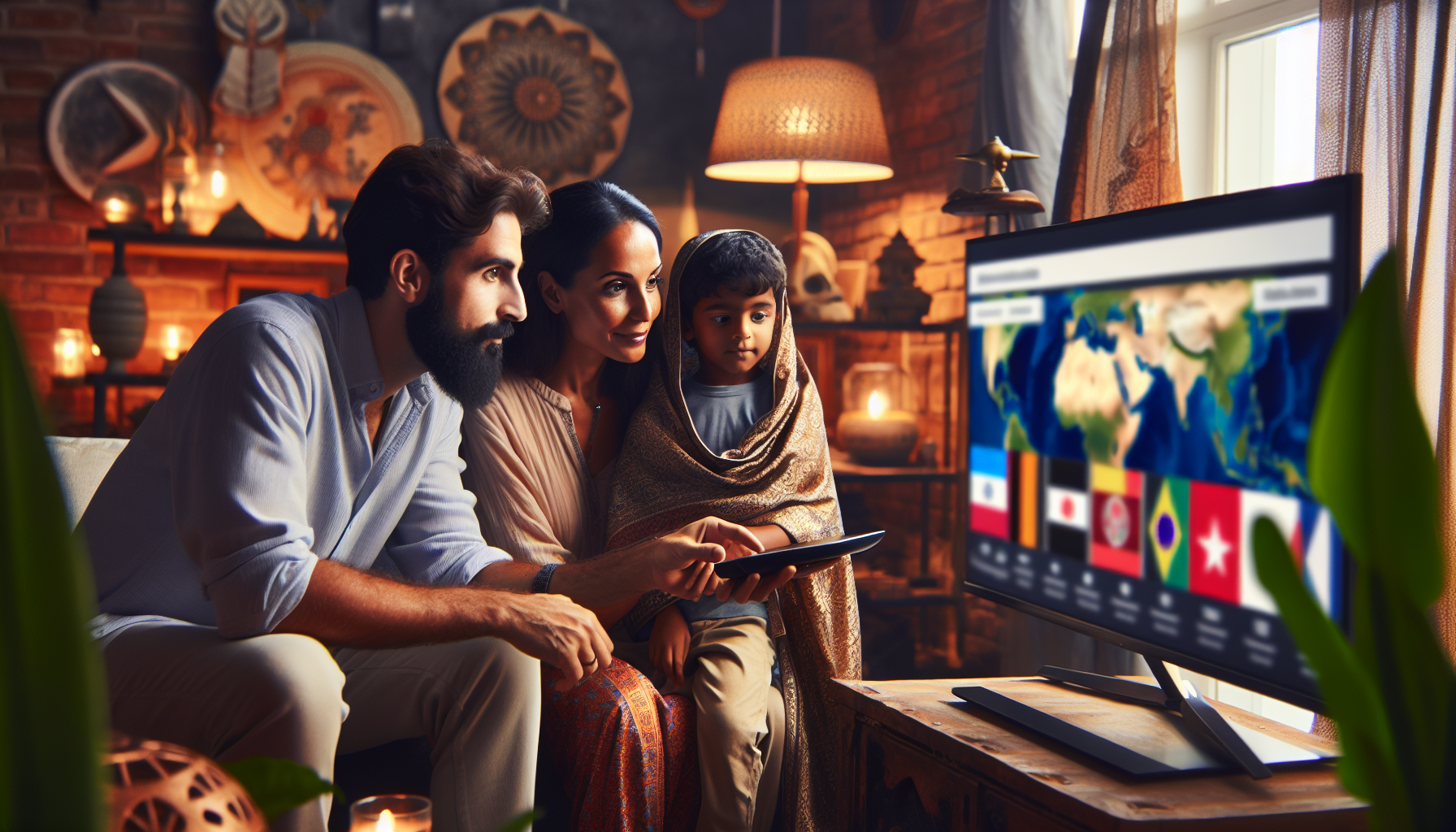 Multicultural family browsing international channels on a smart TV in a cozy, global-themed room.