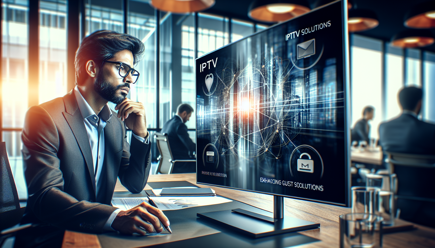 alt_text: Business professional exploring IPTV solutions on a digital screen in a modern office.