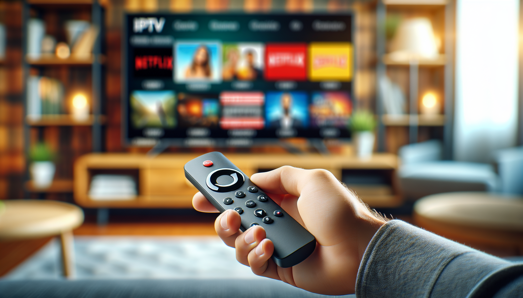 alt_text: Hand with Firestick remote near TV showcasing IPTV channels in a modern living room.